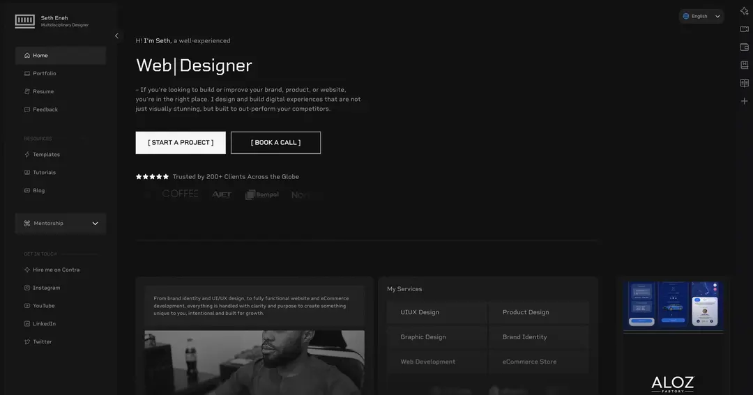 Seth Eneh  website homepage built with Framer