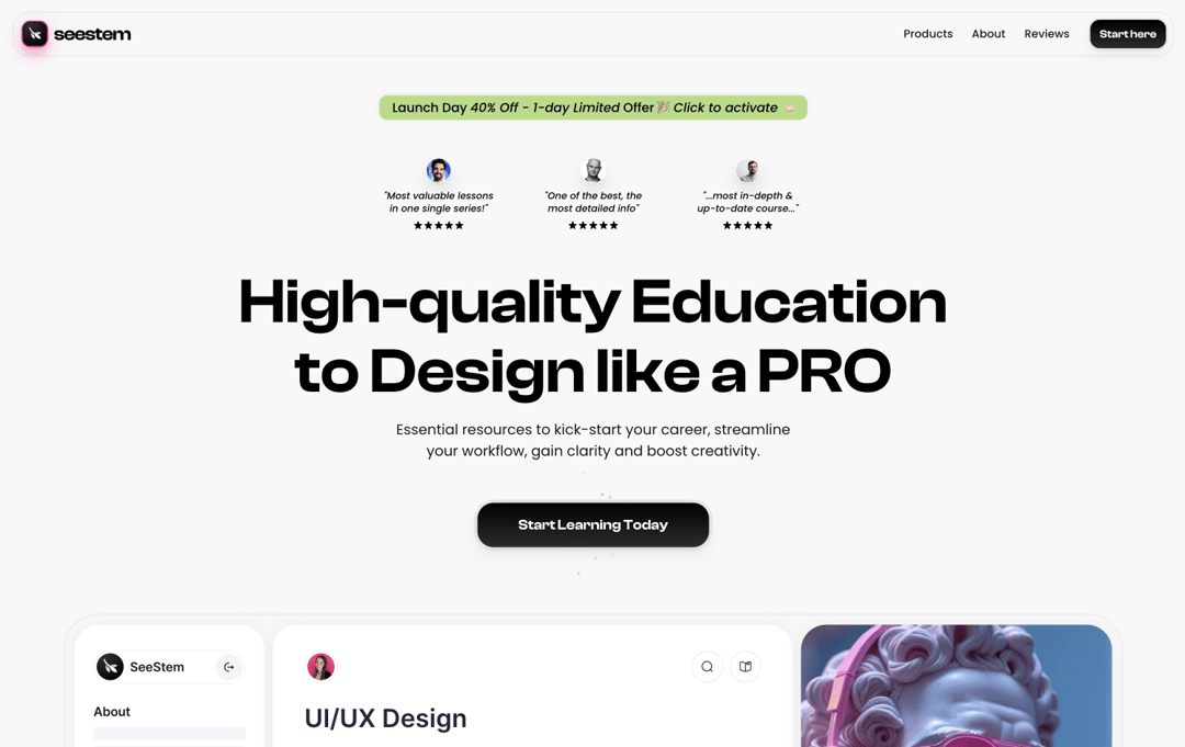 Education for modern designers website homepage built with Framer