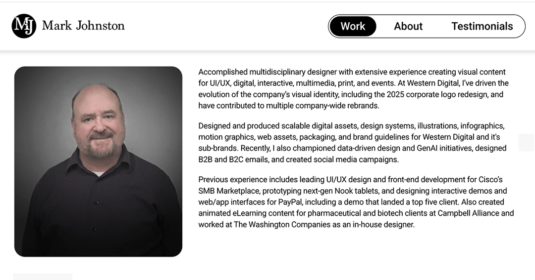 Mark Johnston Designs website homepage built with Framer