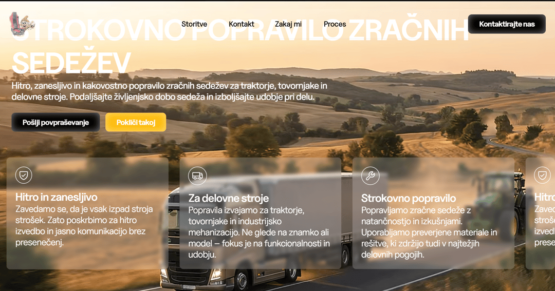 Popravilo zračnih sedežev website homepage built with Framer