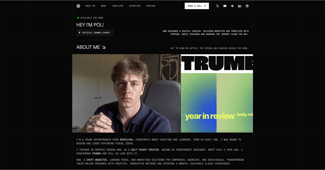 Portfolio website homepage built with Framer