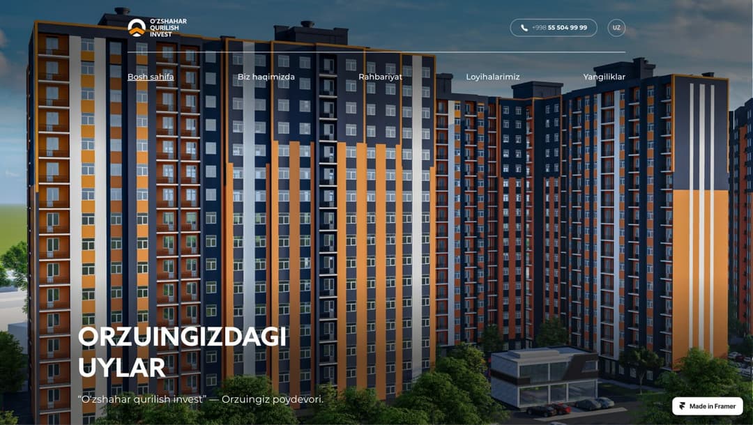 Uz shahar qurilish invest website homepage built with Framer