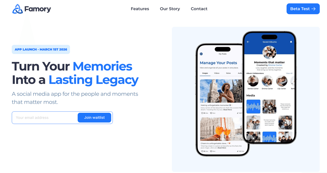 Famory website homepage built with Framer