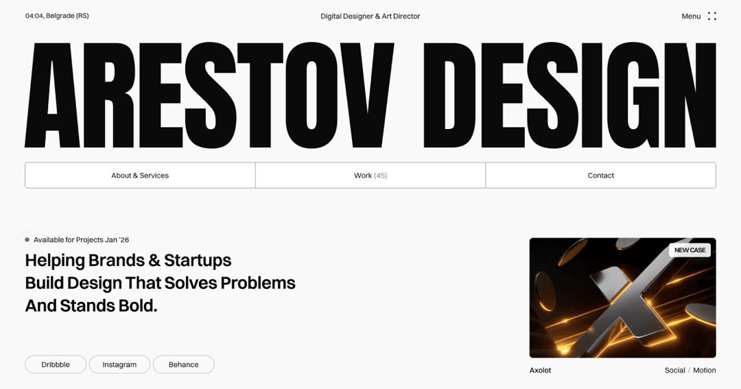 Arestov Design website homepage built with Framer