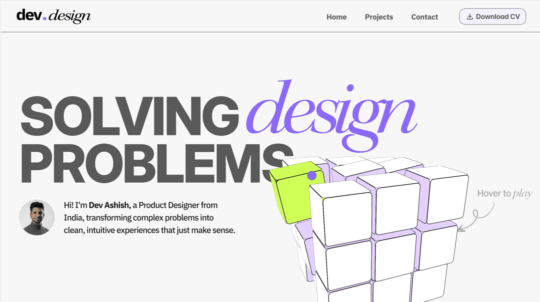 Dev's Portfolio website homepage built with Framer