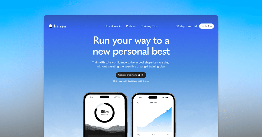 Kaizen Running App website homepage built with Framer