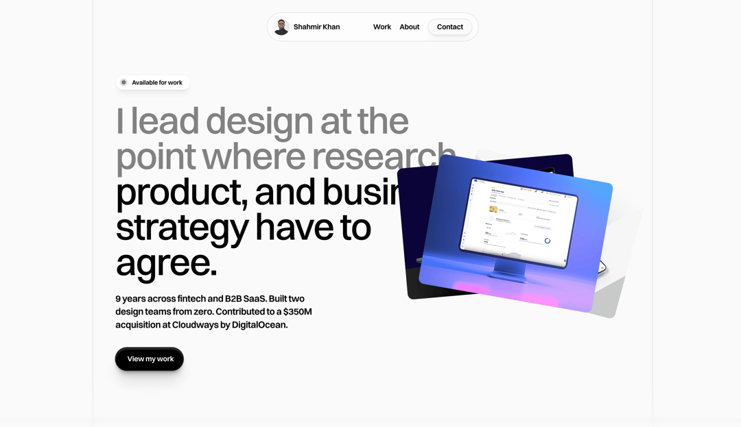 Shahmir Khan website homepage built with Framer