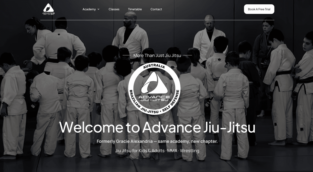 Advance Jiu Jitsu (Matial Arts) website homepage built with Framer