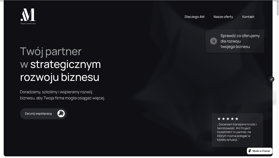 AM Project Investment website homepage built with Framer