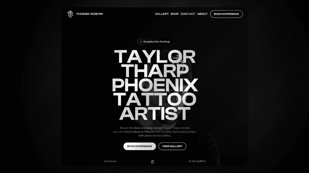 Taylor Tharp Tattoo website homepage built with Framer