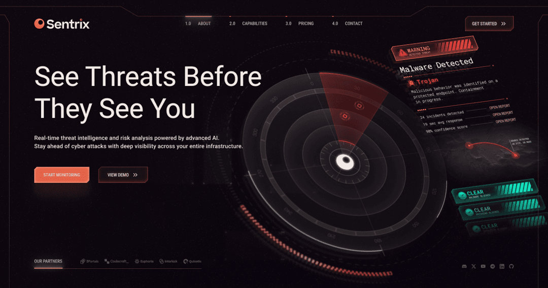 Sentrix Threat Protection website homepage built with Framer