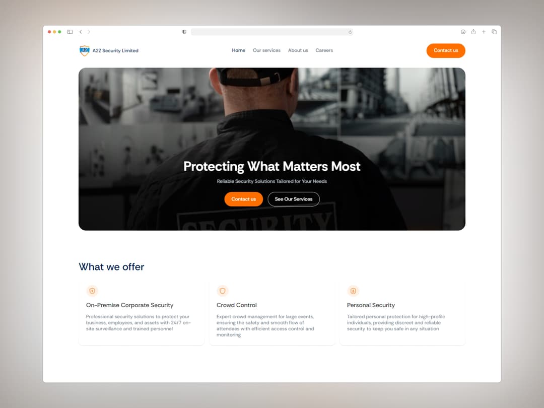 a2zsecuritylimited website homepage built with Framer