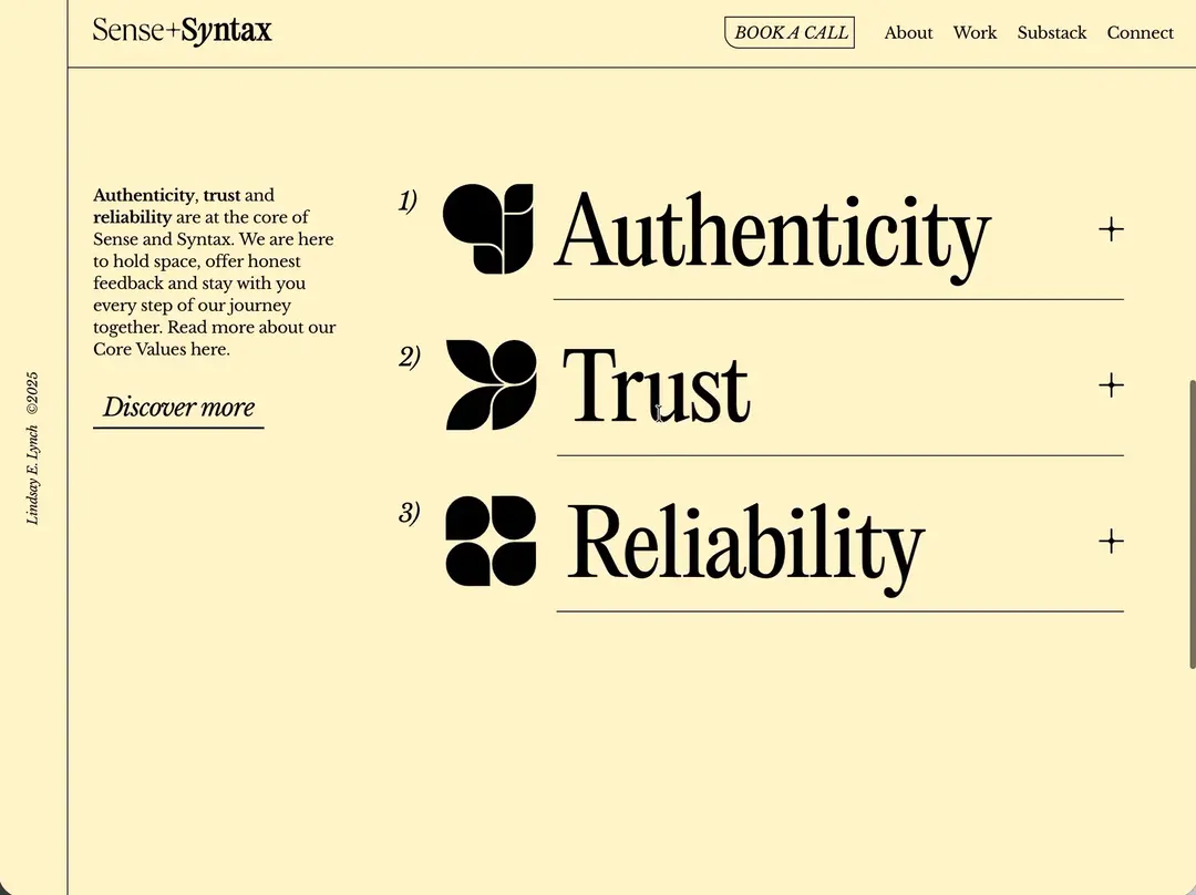 Sense and Syntax website homepage built with Framer